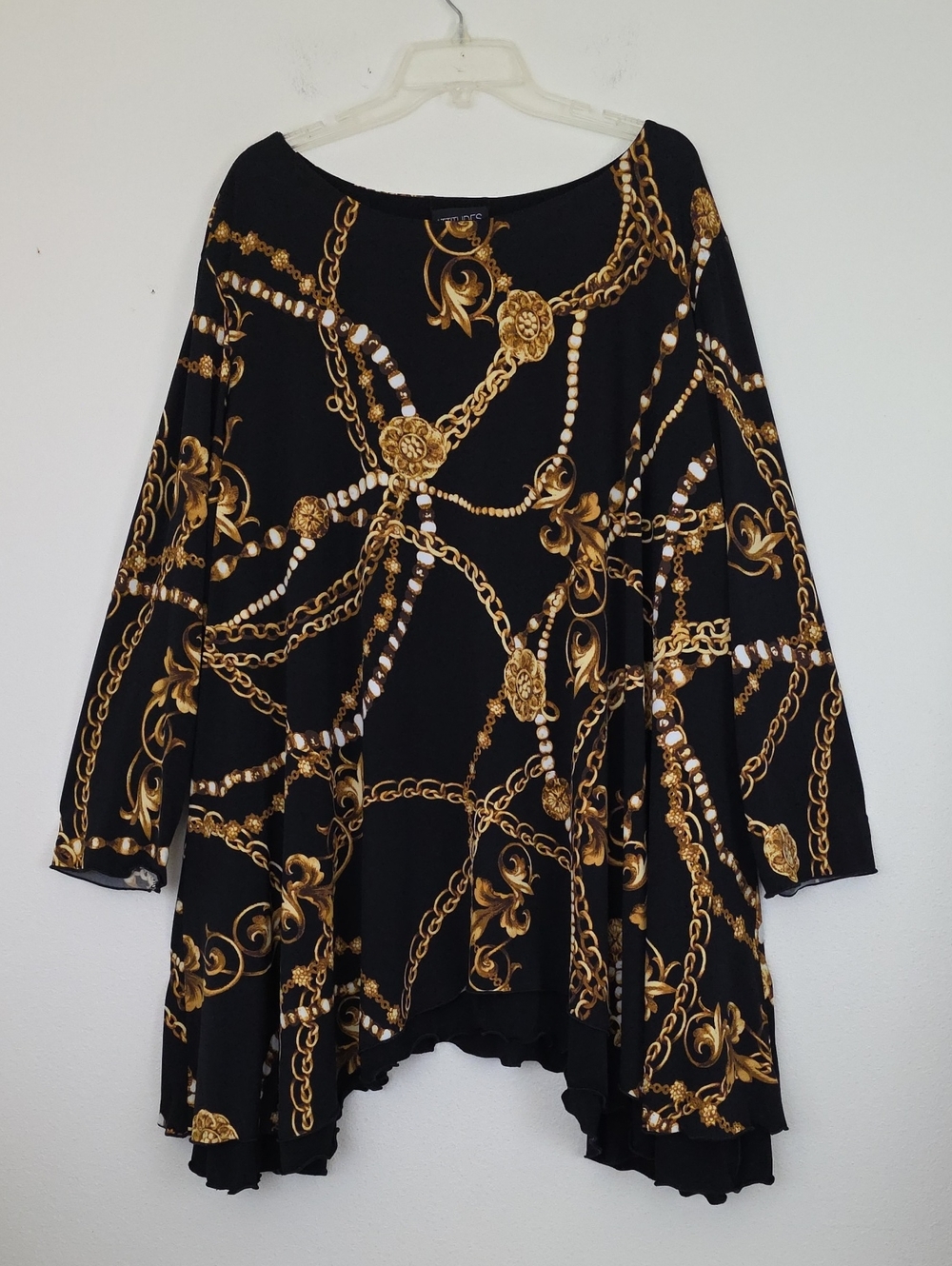 Attitudes Black & Gold Full Tunic Long Sleeve Boat Neck Top European 3X